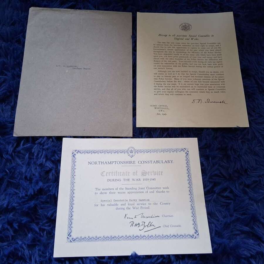 Ww2 special constable certificate with envelope and letter